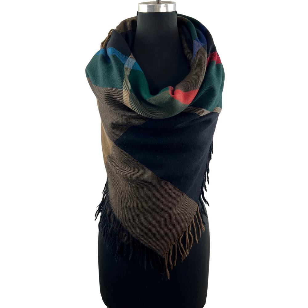 AVOCA Handweavers Black Brown Scarf Virgin Wool Plaid Fringe Edge Square Cut